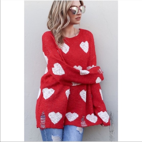 ❤️VALENTINES DAY NEW RED ALL OVER HEART DISTRESSED SWEATER - Picture 2 of 15